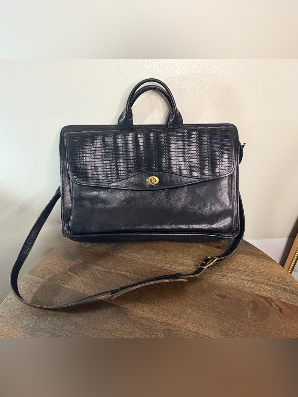 Vintage Black Leather Briefcase Shoulder Bag- Unisex